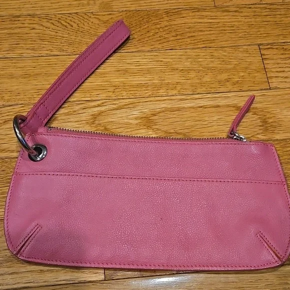 Pink Leather Wristlet w Unique Ring Strap, Front Pocket + Zipper Top - Picture 8 of 12